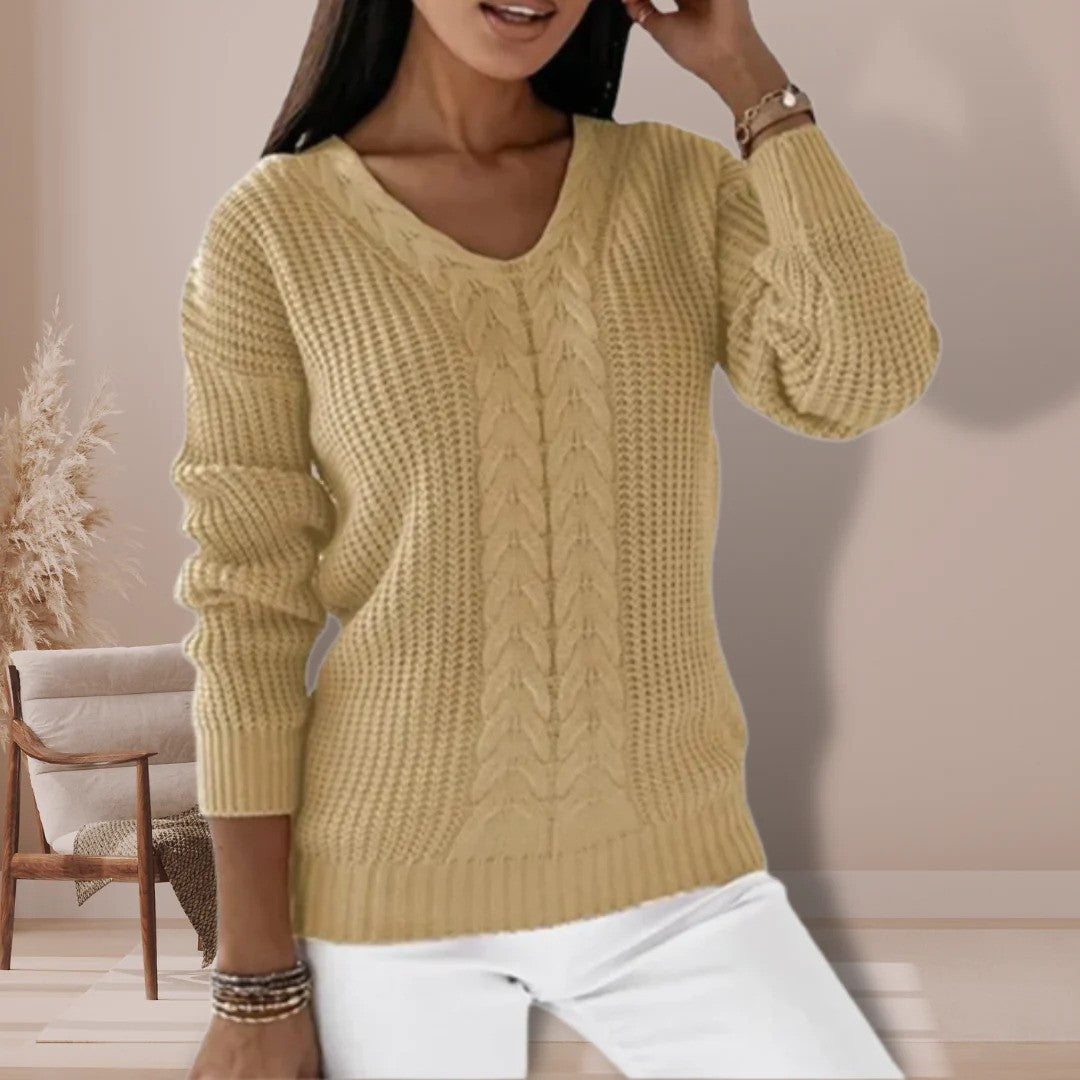 Knitted Sweater - Women's Long Sleeve V-Neck Winter Jumper -Grace Aura