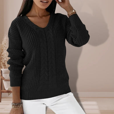 Knitted Sweater - Women's Long Sleeve V-Neck Winter Jumper -Grace Aura