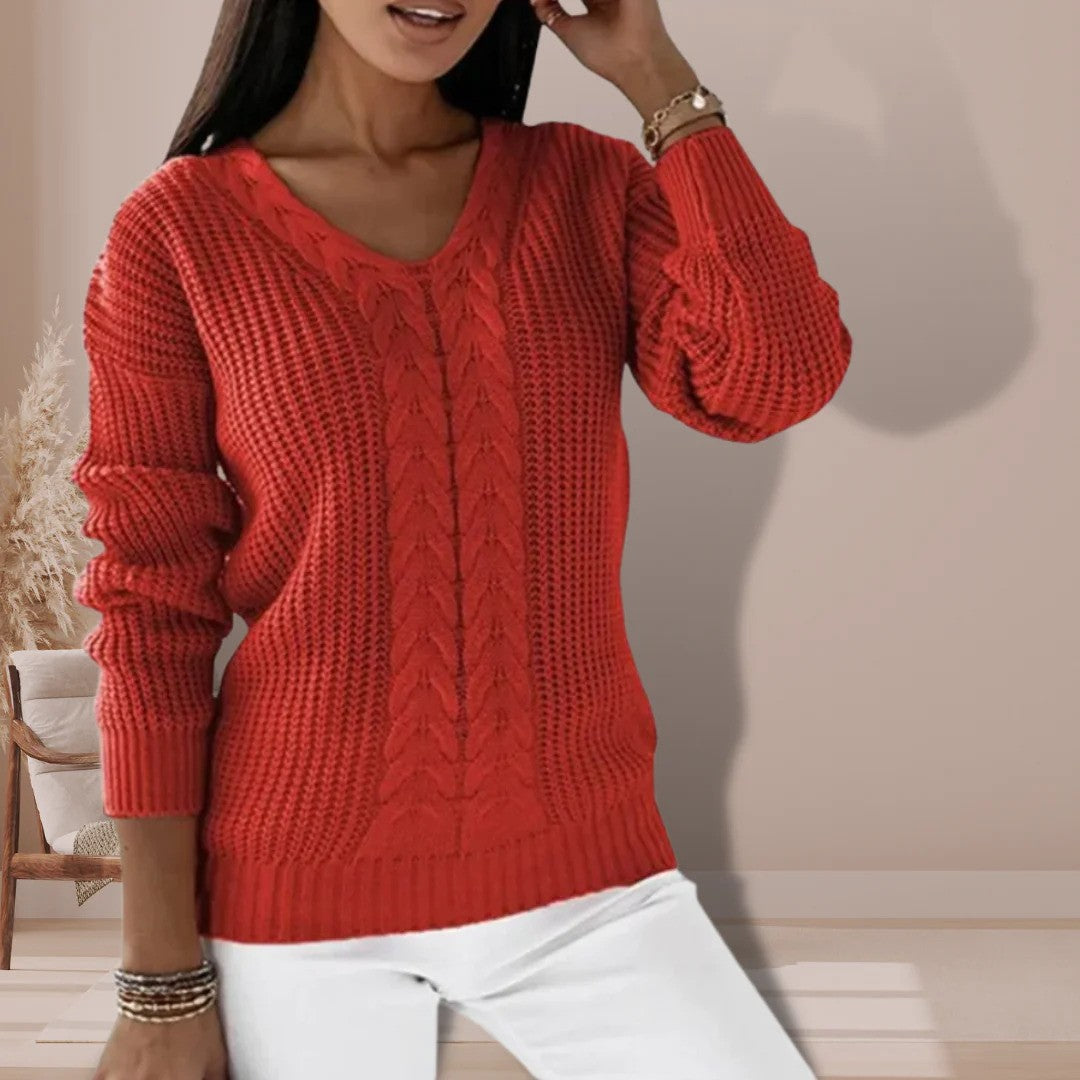 Knitted Sweater - Women's Long Sleeve V-Neck Winter Jumper -Grace Aura