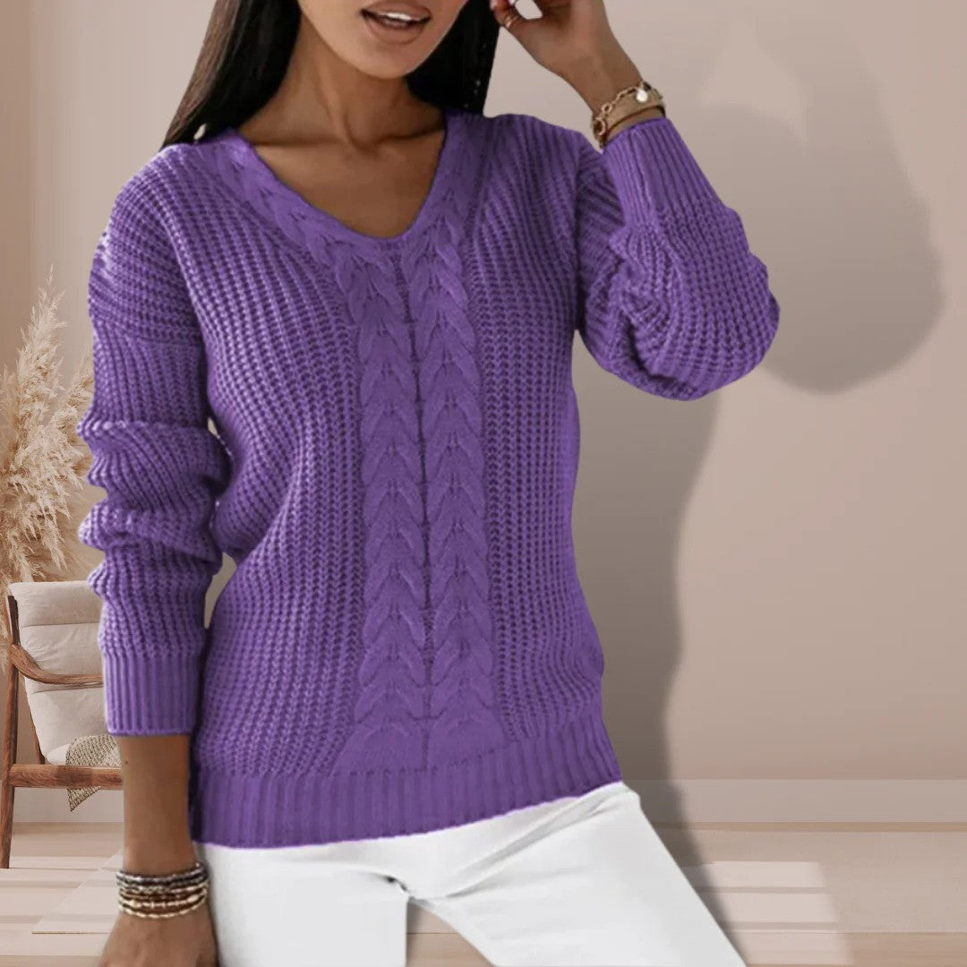 Knitted Sweater - Women's Long Sleeve V-Neck Winter Jumper -Grace Aura