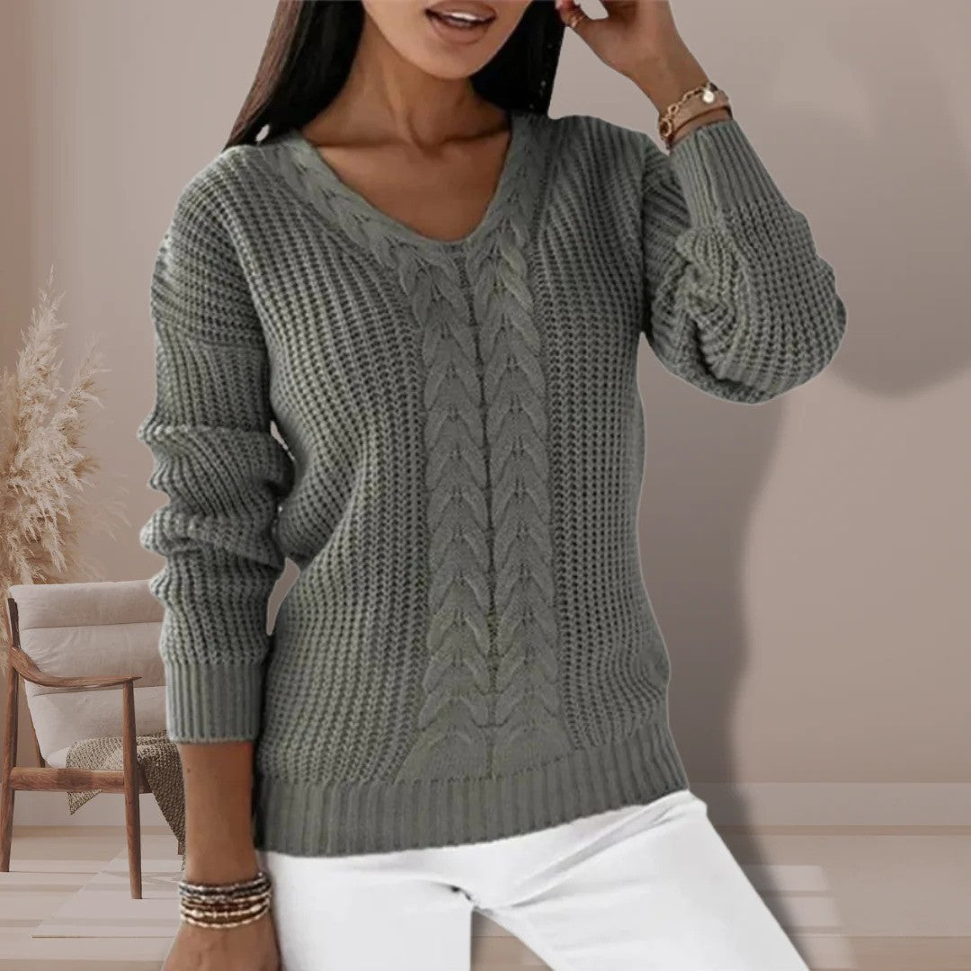 Knitted Sweater - Women's Long Sleeve V-Neck Winter Jumper -Grace Aura