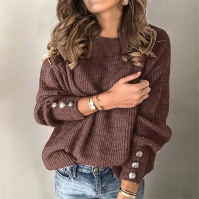 Knitted Sweater - Women's Loose Fit Lantern Sleeve Pullover Sweater-Grace Aura