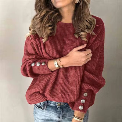 Knitted Sweater - Women's Loose Fit Lantern Sleeve Pullover Sweater-Grace Aura