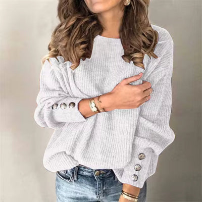 Knitted Sweater - Women's Loose Fit Lantern Sleeve Pullover Sweater-Grace Aura