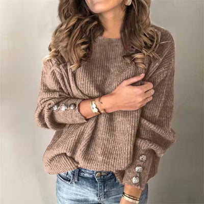 Knitted Sweater - Women's Loose Fit Lantern Sleeve Pullover Sweater-Grace Aura