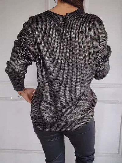 Knitted Sweater - Women's Shiny Long Sleeve V-Neck Jumper-Grace Aura