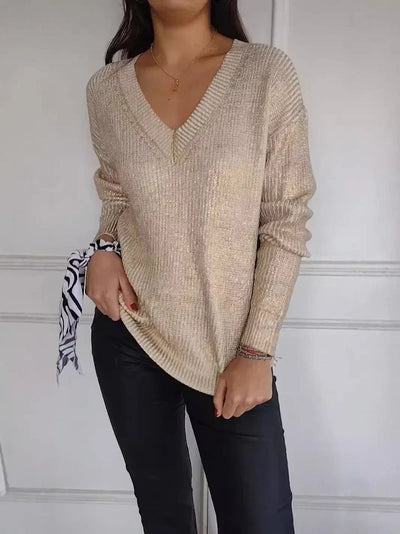 Knitted Sweater - Women's Shiny Long Sleeve V-Neck Jumper-Grace Aura