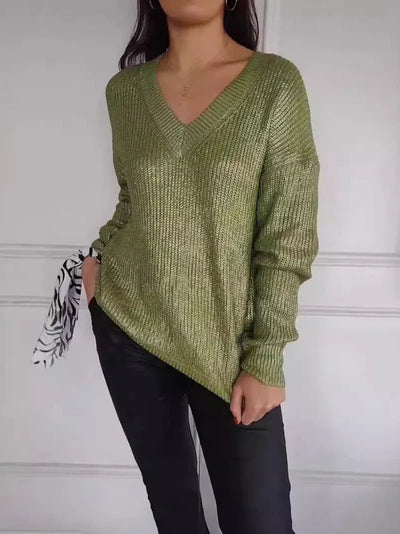 Knitted Sweater - Women's Shiny Long Sleeve V-Neck Jumper-Grace Aura