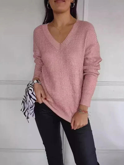 Knitted Sweater - Women's Shiny Long Sleeve V-Neck Jumper-Grace Aura