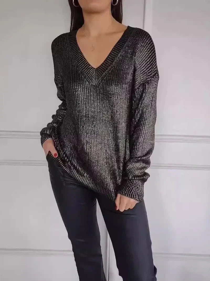 Knitted Sweater - Women's Shiny Long Sleeve V-Neck Jumper-Grace Aura