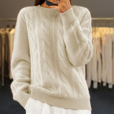 Knitted Sweater - Women's Warm Crew Neck Cable Knit Pullover Sweater-Grace Aura