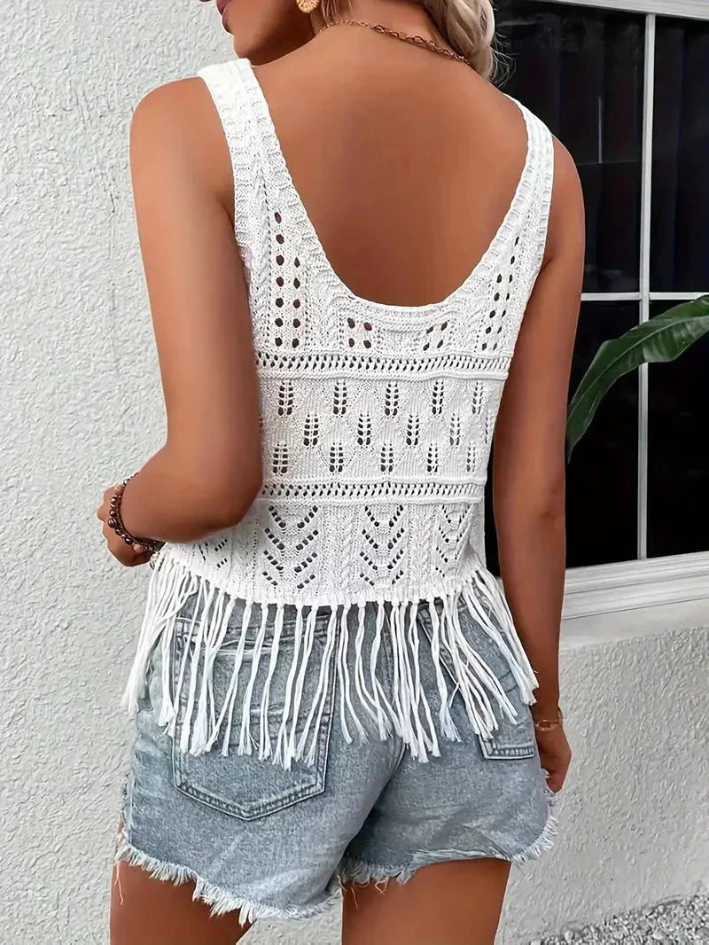 Knitted Top, White, Tassel, Boho Top, Summer Tops-Grace Aura