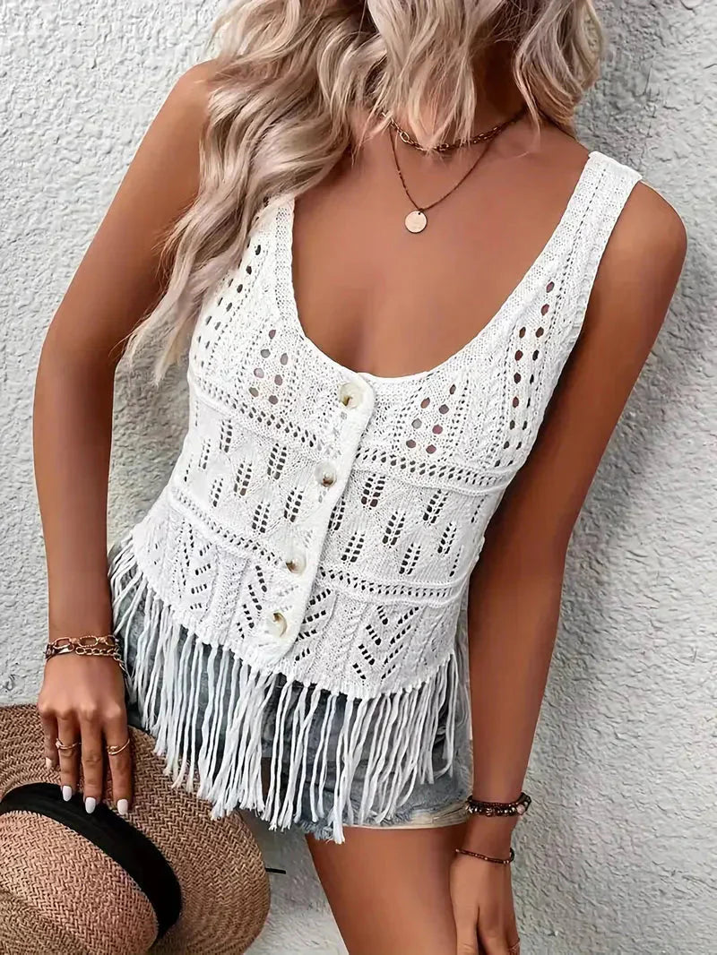 Knitted Top, White, Tassel, Boho Top, Summer Tops-Grace Aura