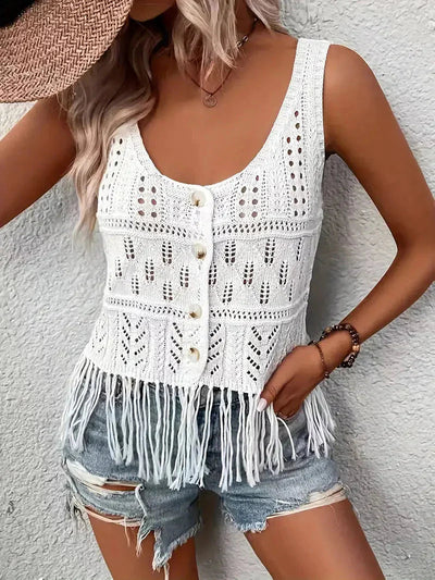 Knitted Top, White, Tassel, Boho Top, Summer Tops-Grace Aura