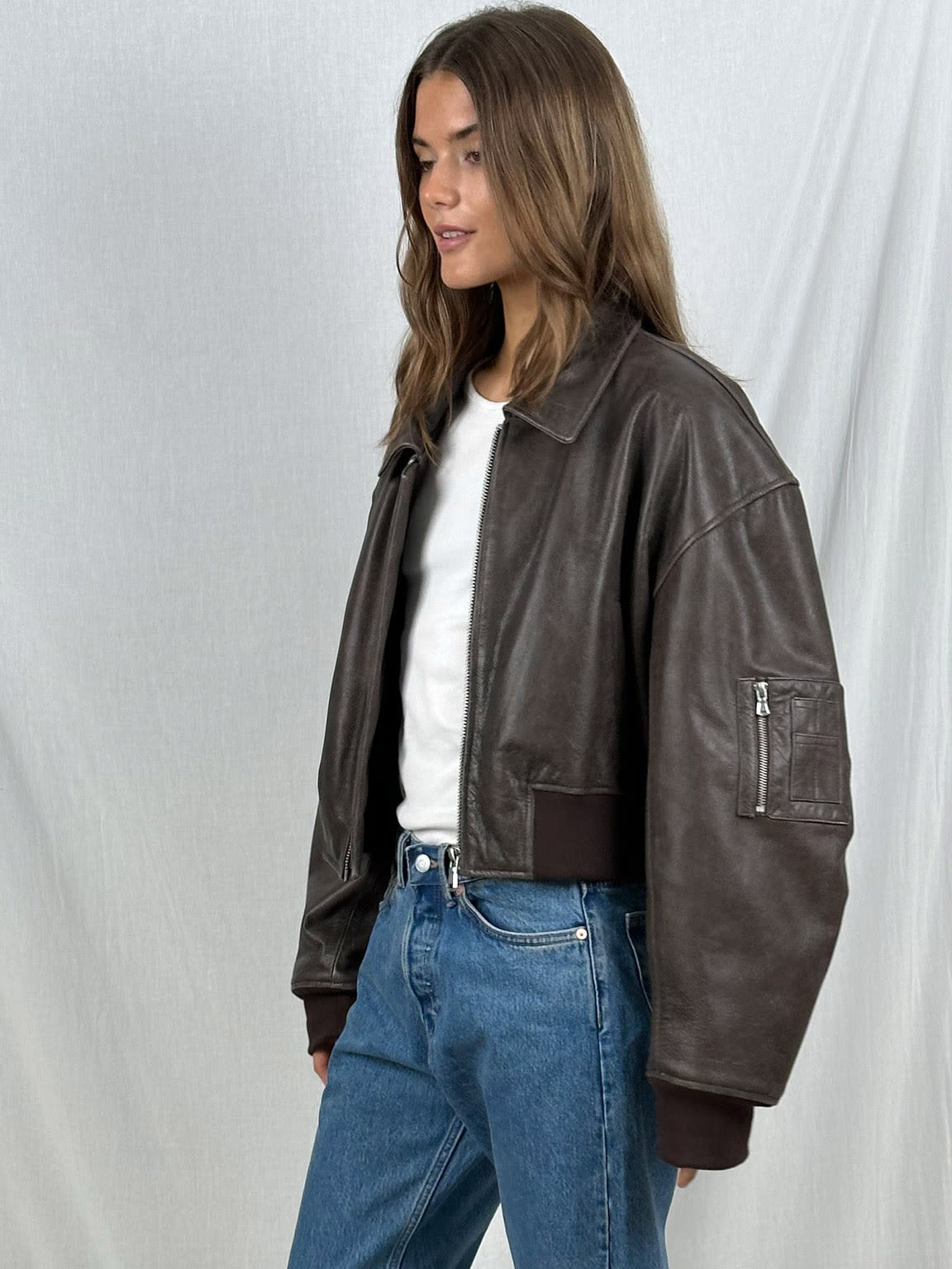 Leather Bomber Jacket | Brown | Cropped | Leatherette Jacket | Women's Jacket -Grace Aura