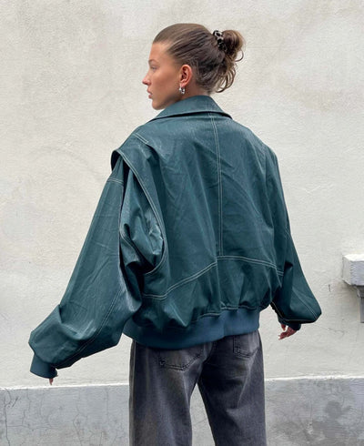 Leather Bomber Jacket - Oversized - Zip-Up - Autumn Jacket - Women's Jackets-Grace Aura