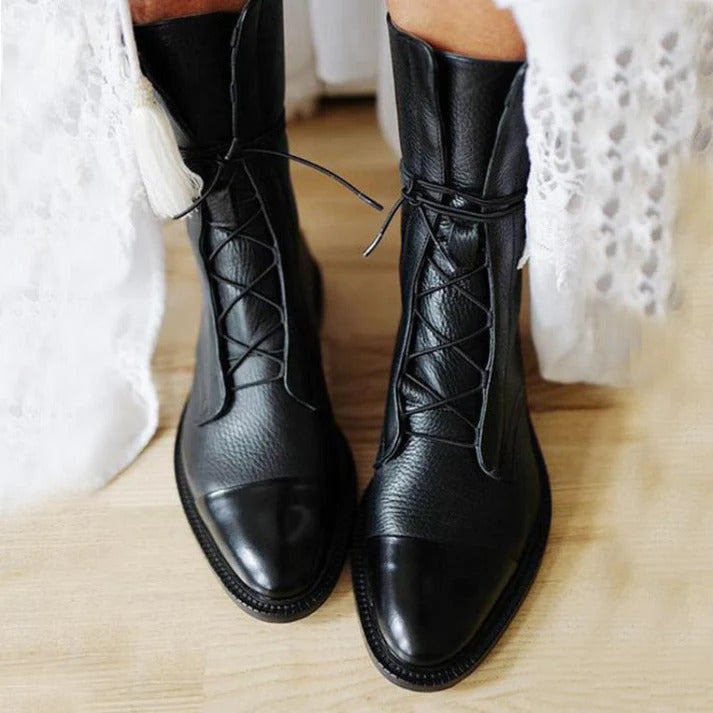 Leather Boots | Pointed-Toe | Lace-Up | Mid Calf Boots | Women's Boots-Grace Aura