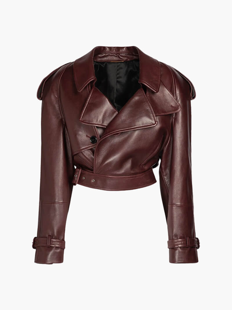 Leatherette Jacket | Cropped | Belt | Faux Leather Jacket | Women's Jackets-Grace Aura