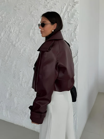 Leatherette Jacket - Faux Leather - Biker - Burgundy Leather Jacket - Women's Leather Jacket-Grace Aura