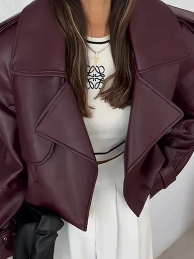 Leatherette Jacket - Faux Leather - Biker - Burgundy Leather Jacket - Women's Leather Jacket-Grace Aura