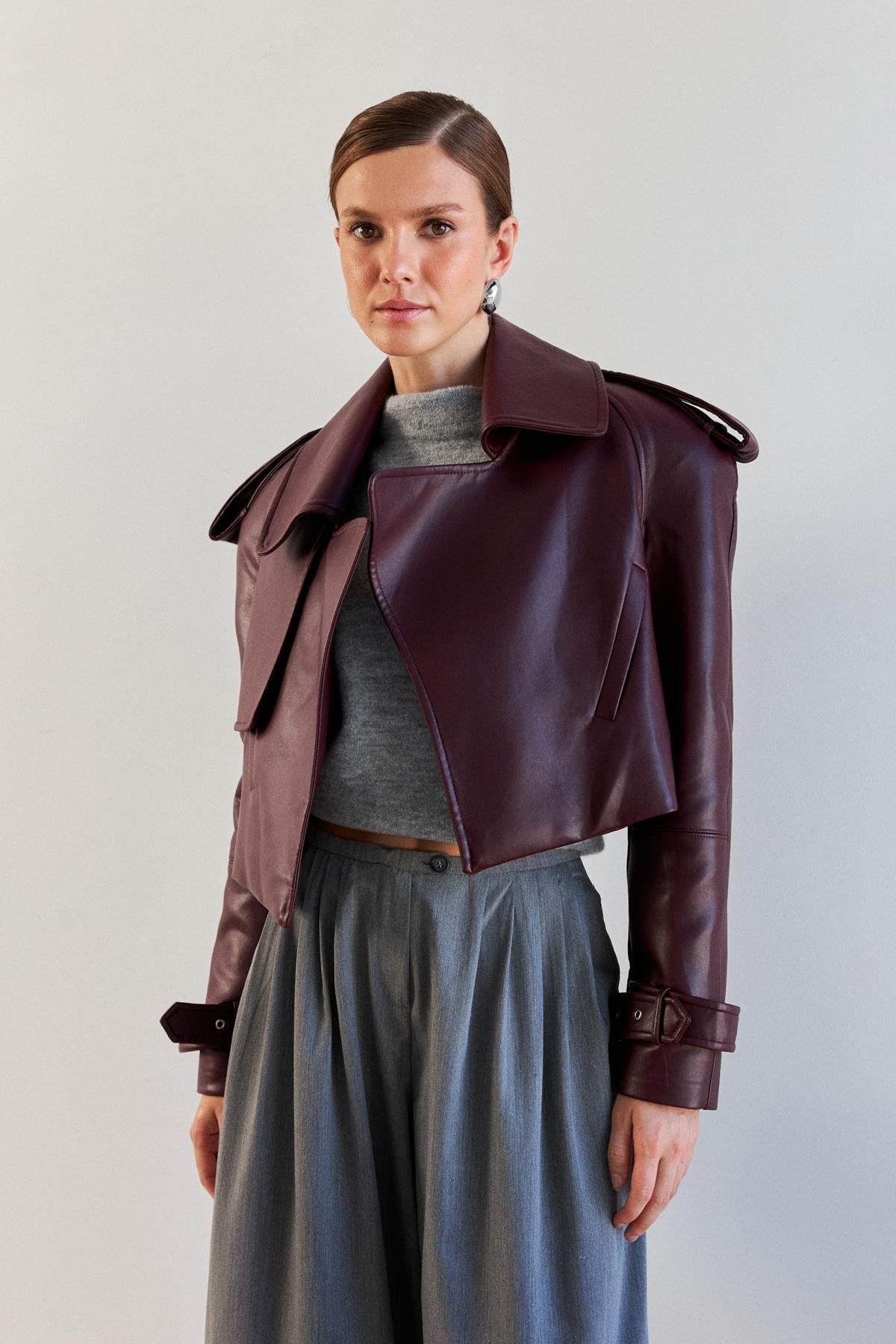 Leatherette Jacket - Faux Leather - Biker - Burgundy Leather Jacket - Women's Leather Jacket-Grace Aura