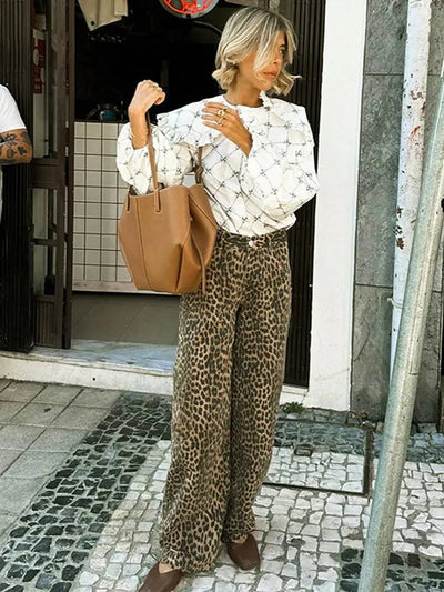 Leopard Jeans - Women's Loose Fit High Waisted Wide Leg Pants-Grace Aura