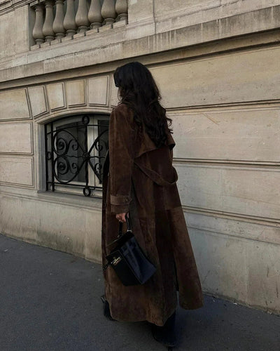 Long Coat | Double Breasted | Brown | Suedette Jacket | Women's Coats-Grace Aura