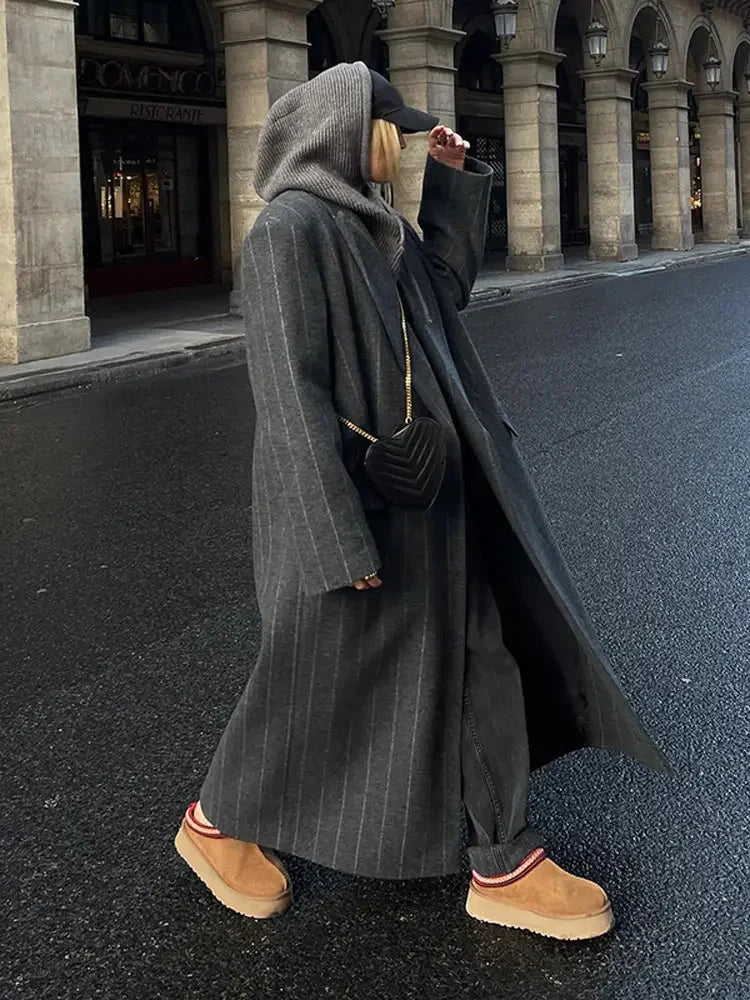 Long Coat - Women's Striped Oversized Long Blazer Jacket-Grace Aura