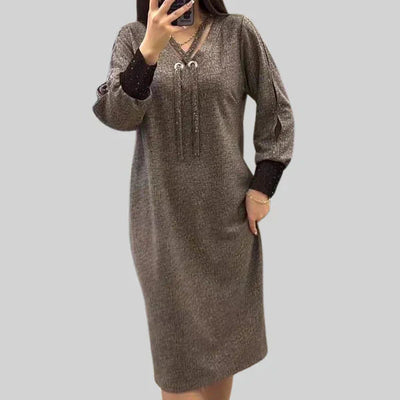 Long Sleeve Dress - Loose Fit - Lantern Sleeve - Midi Dress - V-Neck Dress-Grace Aura