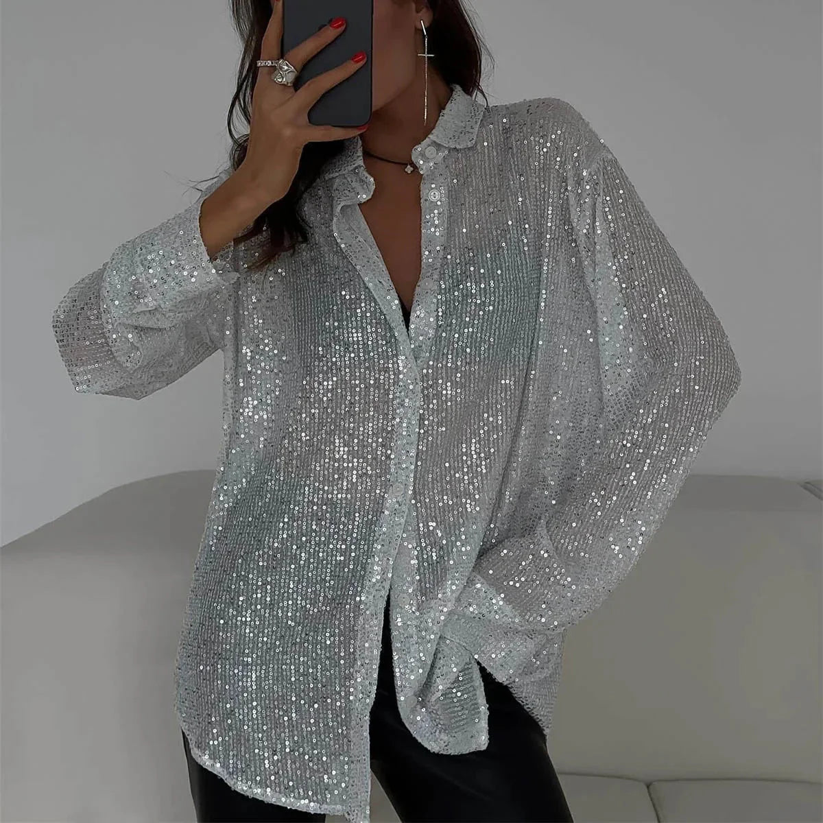 Long Sleeved Sequin Glitter Top-Grace Aura