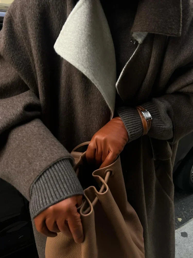 Long Wool Coat - Brown - Oversized - Trench Coat Wool - Women's Winter Coats & Jackets-Grace Aura