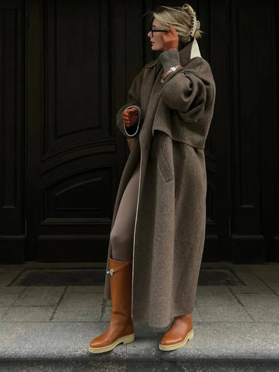 Long Wool Coat - Brown - Oversized - Trench Coat Wool - Women's Winter Coats & Jackets-Grace Aura