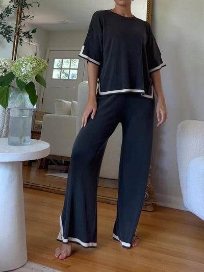 Loungewear Set - Women's Short Sleeve Shirt and Wide Leg Pants Two-Piece Set-Grace Aura