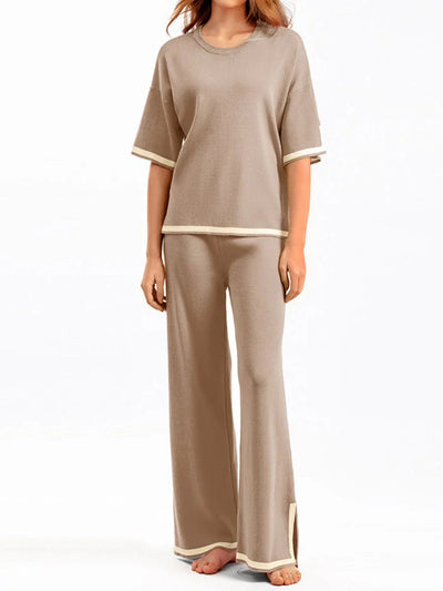 Loungewear Set - Women's Short Sleeve Shirt and Wide Leg Pants Two-Piece Set-Grace Aura