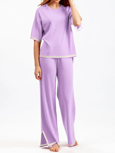 Loungewear Set - Women's Short Sleeve Shirt and Wide Leg Pants Two-Piece Set-Grace Aura