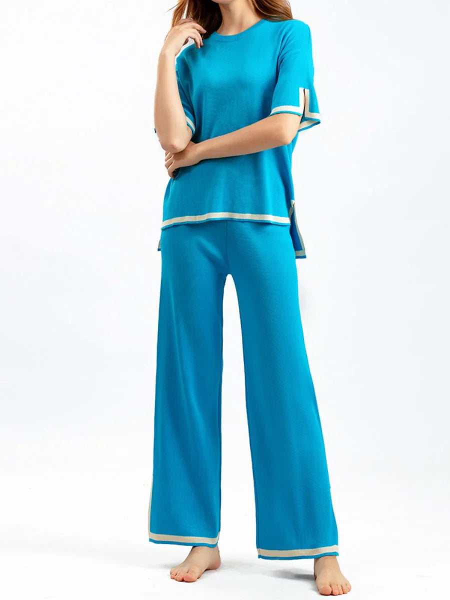 Loungewear Set - Women's Short Sleeve Shirt and Wide Leg Pants Two-Piece Set-Grace Aura