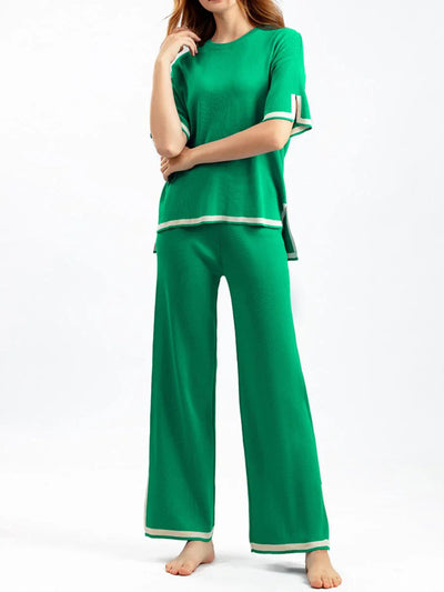 Loungewear Set - Women's Short Sleeve Shirt and Wide Leg Pants Two-Piece Set-Grace Aura