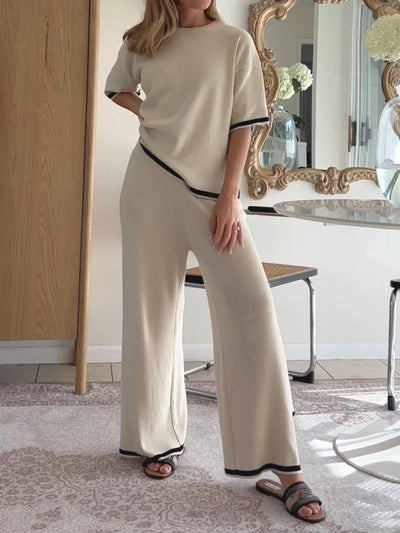 Loungewear Set - Women's Short Sleeve Shirt and Wide Leg Pants Two-Piece Set-Grace Aura