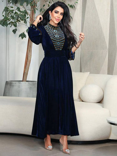 Maxi Dress | High Neck | Blue | Elegant Dress | Long Sleeve Dress-Grace Aura