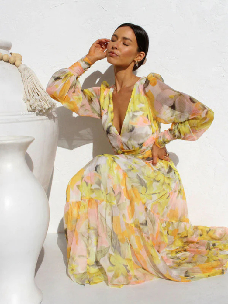 Maxi Dress | Long Sleeve | V-Neck | Flowy Dress | Floral Dress-Grace Aura