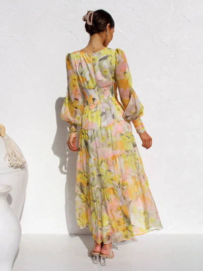 Maxi Dress | Long Sleeve | V-Neck | Flowy Dress | Floral Dress-Grace Aura