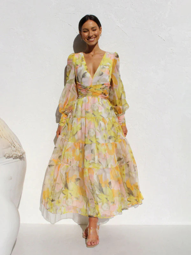 Maxi Dress | Long Sleeve | V-Neck | Flowy Dress | Floral Dress-Grace Aura