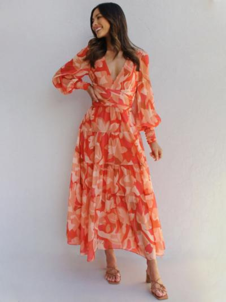 Maxi Dress | Long Sleeve | V-Neck | Flowy Dress | Floral Dress-Grace Aura