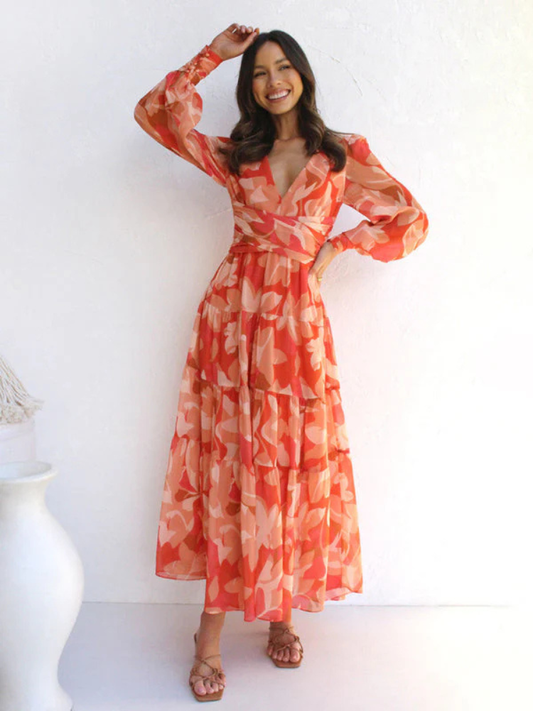 Maxi Dress | Long Sleeve | V-Neck | Flowy Dress | Floral Dress-Grace Aura