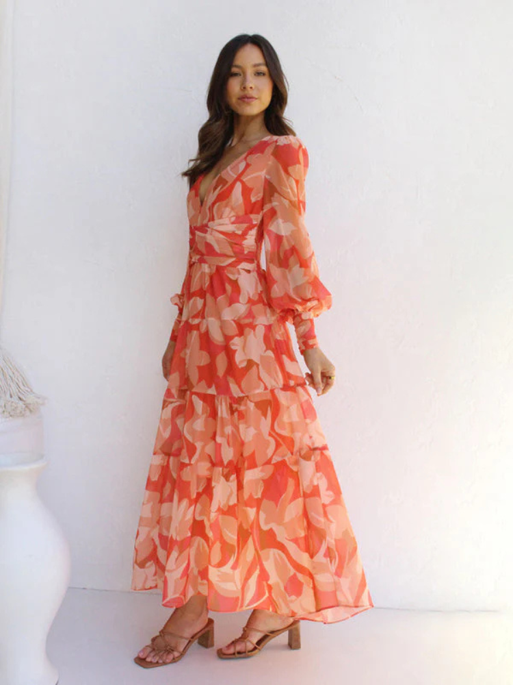 Maxi Dress | Long Sleeve | V-Neck | Flowy Dress | Floral Dress-Grace Aura