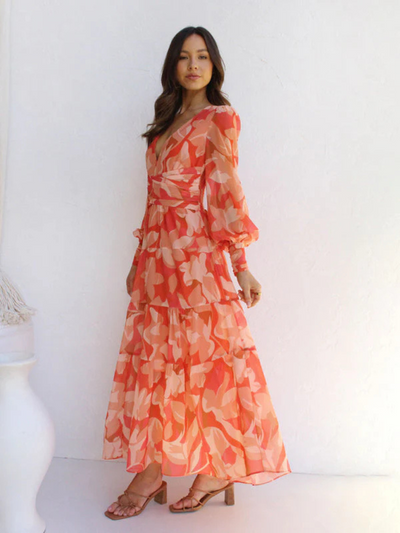 Maxi Dress | Long Sleeve | V-Neck | Flowy Dress | Floral Dress-Grace Aura