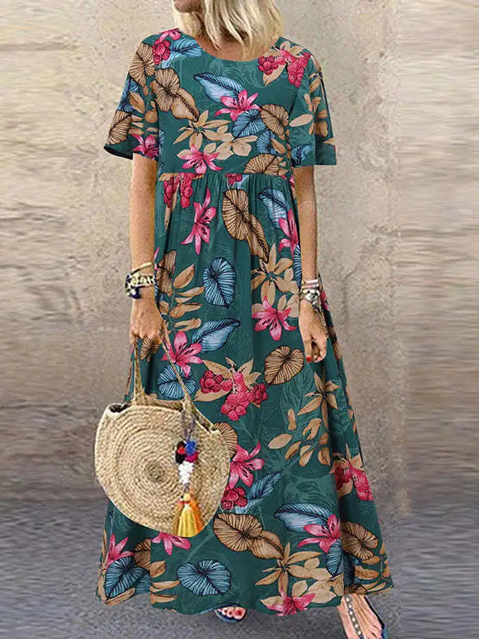 Maxi Dress - Short Sleeve Loose Fit Boho Summer Dress-Grace Aura