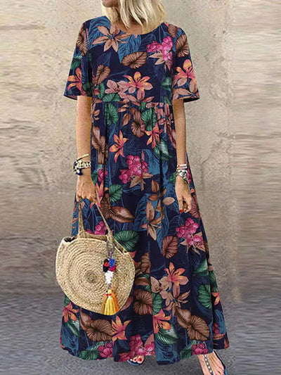 Maxi Dress - Short Sleeve Loose Fit Boho Summer Dress-Grace Aura