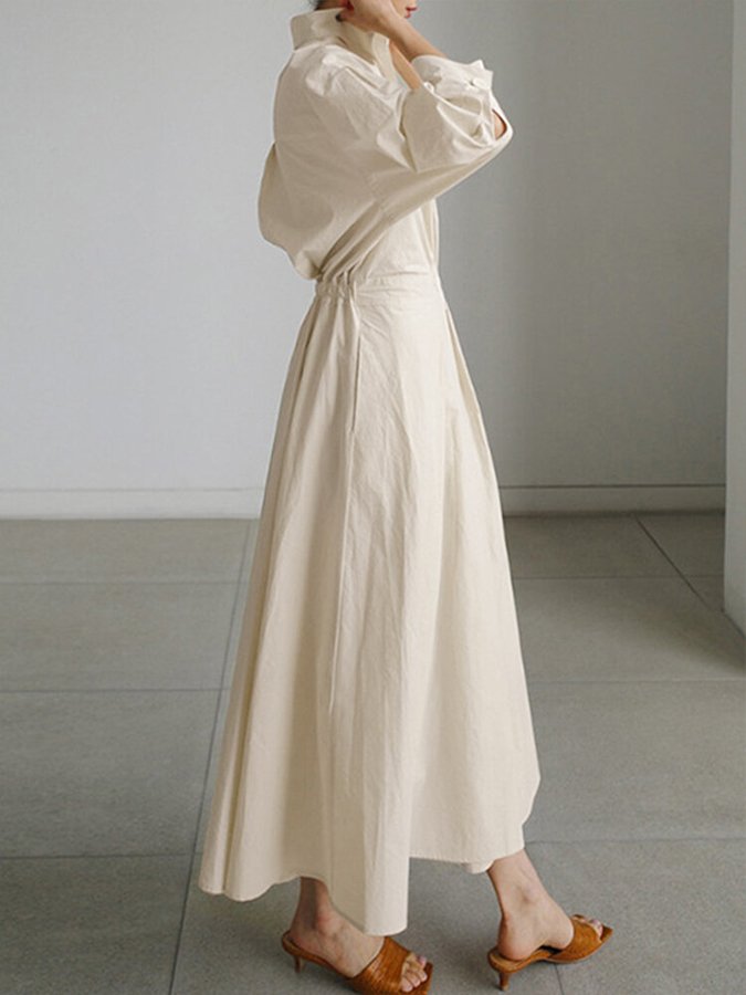 Maxi Dress - Turn Down Collar - V-Neck - Long Sleeve Dress - Elegant Dress-Grace Aura