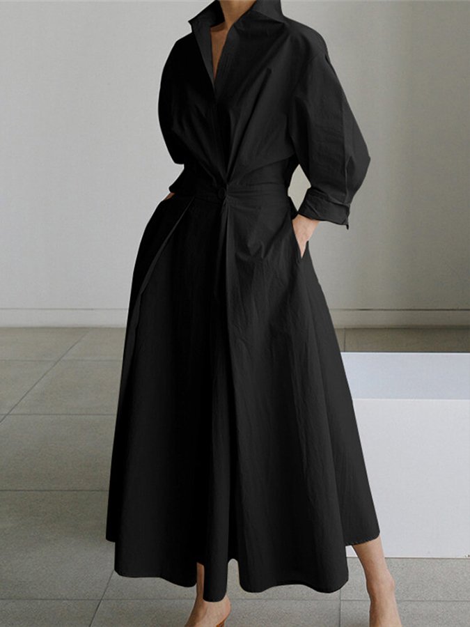 Maxi Dress - Turn Down Collar - V-Neck - Long Sleeve Dress - Elegant Dress-Grace Aura